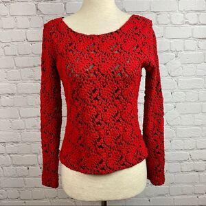 Vintage 90s Rhapsody Red Embroidered Mesh Long Sleeve Top
